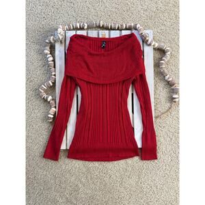 Vintage Y2K Red Glitter Shimmer Ribbed Cowl Off Shoulder Long Sleeve Sweater